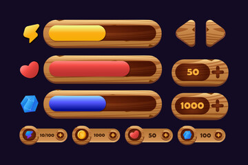 Fototapeta premium Game buttons of wooden and gold texture cartoon menu interface elements
