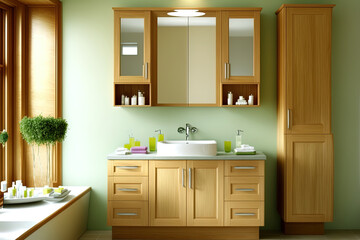 wood cabinets, a simple bathroom design, and interior decoration. Generative AI