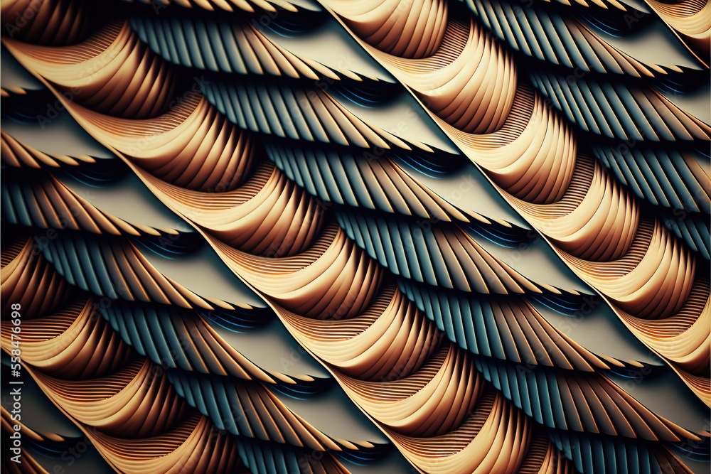 Poster a close up of a pattern of wavy lines on a wall of a building in a city, with a blue sky in the back