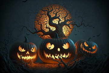 Scary halloween pumpkins, AI generation