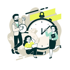 Saving time. Vector illustration of people and watches with business theme
