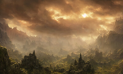 fantasy rocky mountain scenery with cloudy sky