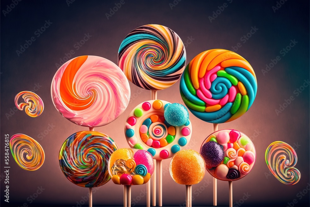 Poster a group of colorful lollipops sitting on top of each other on top of a wooden stick in front of a gr