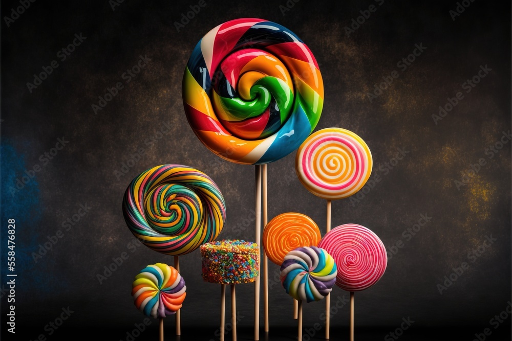 Poster a group of lollipops sitting on top of each other on top of a black table next to a black wall and a