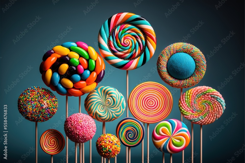 Poster a bunch of lollipops on a stick with a blue background and a blue background with a blue background 