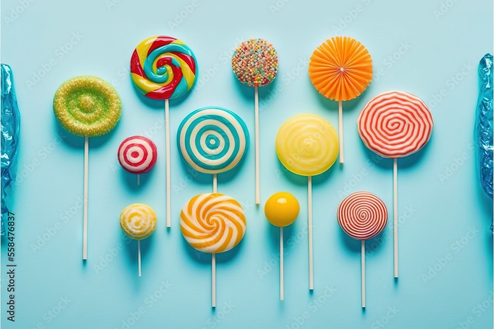 Poster a group of lollipops sitting on top of a blue table next to each other on top of a blue tablecloth w
