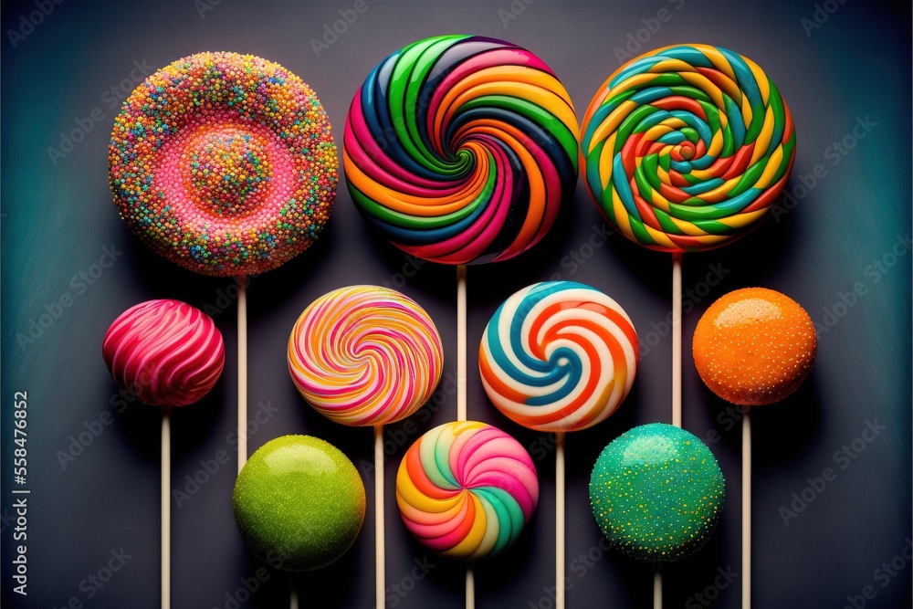 Poster a group of colorful lollipops sitting on top of each other on top of a stick in a dark room with a b
