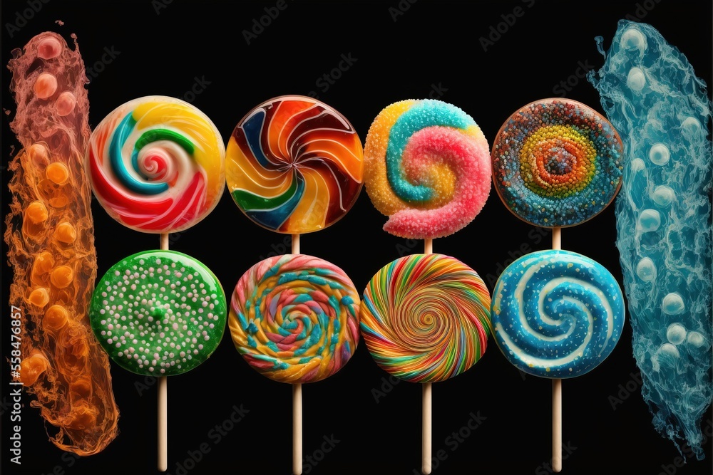 Poster a group of lollipops sitting next to each other on top of a black background with a swirly design on