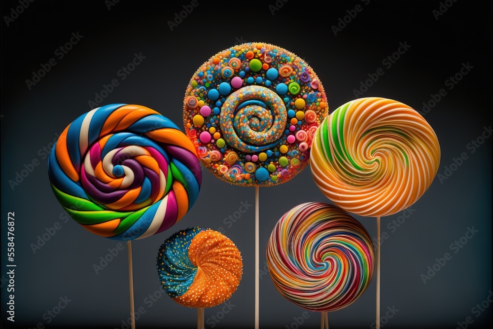 Poster a group of lollipops sitting next to each other on top of a wooden stick in front of a black backgro