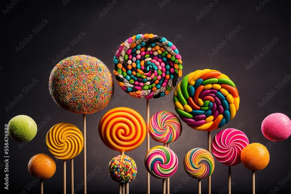 Poster a group of lollipops sitting next to each other on top of a stick in the dark with sprinkles on top 