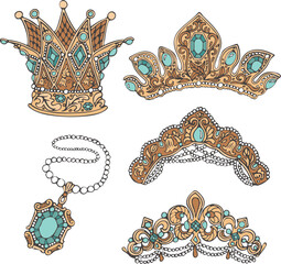 Collection of hand drawn icon of jewelry from gold and gem stones - crowns, tiaras and pendant
