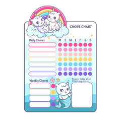 Chore chart template with cute cat characters. Vector hand drawn illustrations
