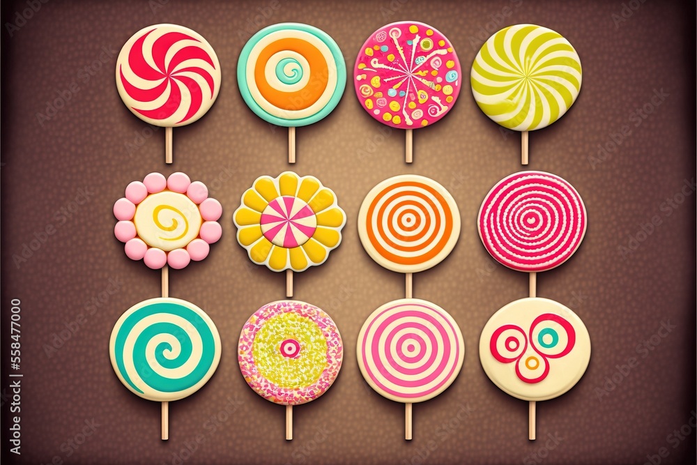 Poster a bunch of lollipops that are sitting on a stick in the shape of a flower and swirls on a brown back