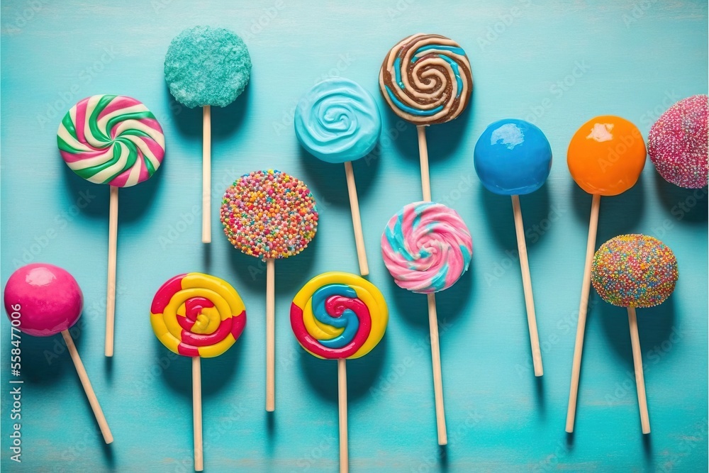 Aufkleber a collection of colorful lollipops on a blue background with sprinkles and sprinkles on them, all of