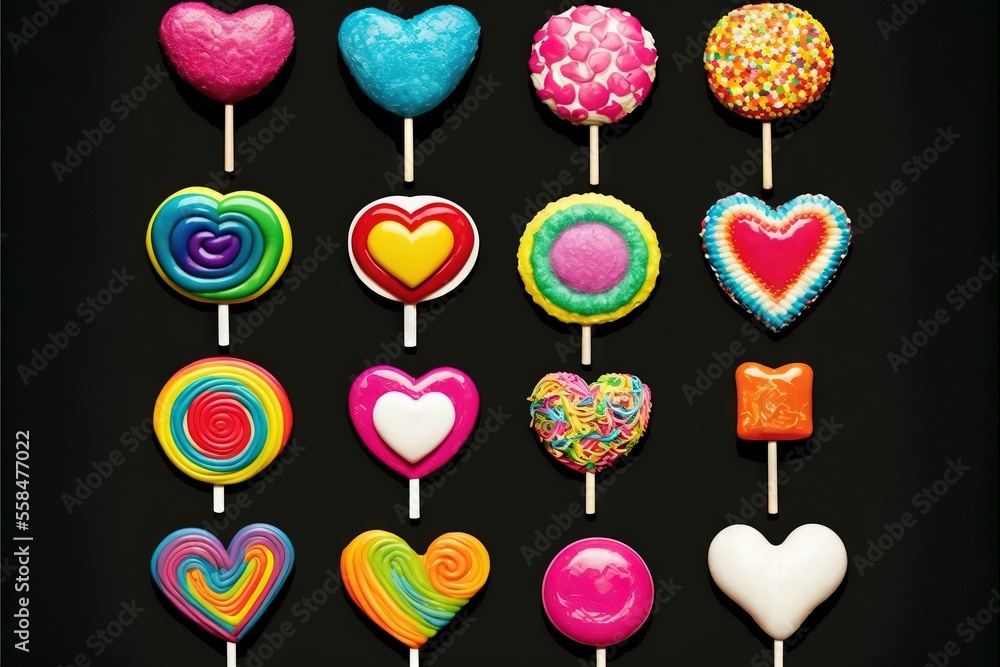 Aufkleber a collection of heart shaped lollipops on a black background with a black background and a black bac