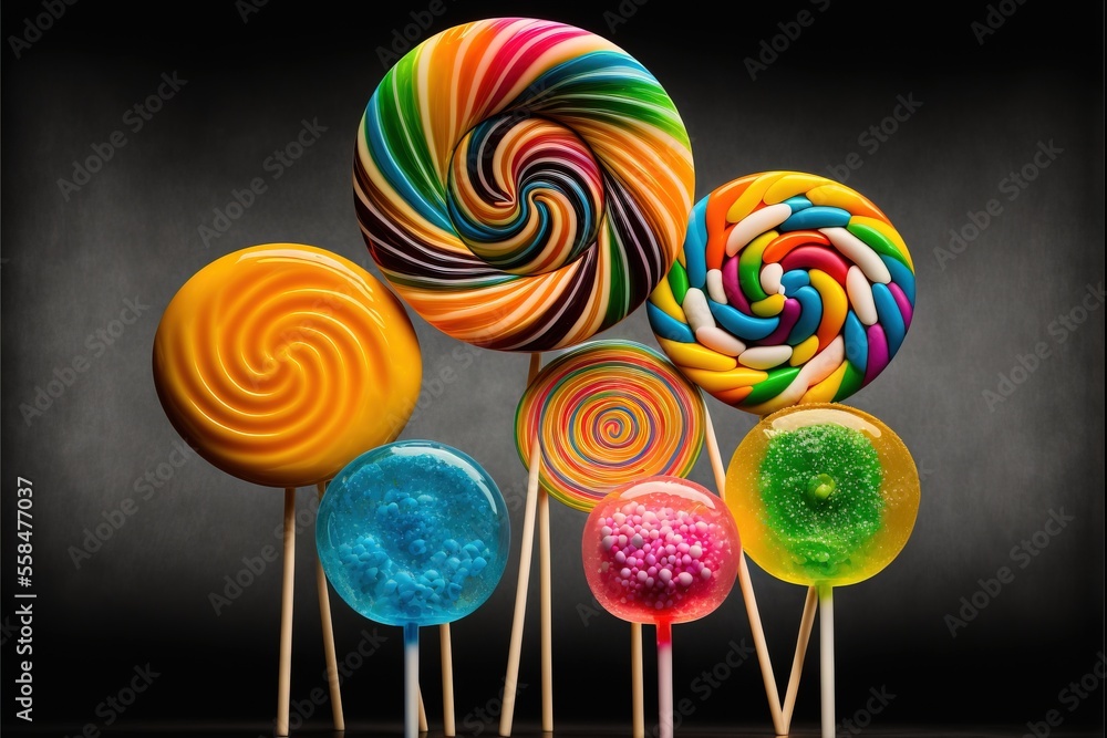 Poster a group of colorful lollipops sitting on top of each other on top of a table next to a black wall an