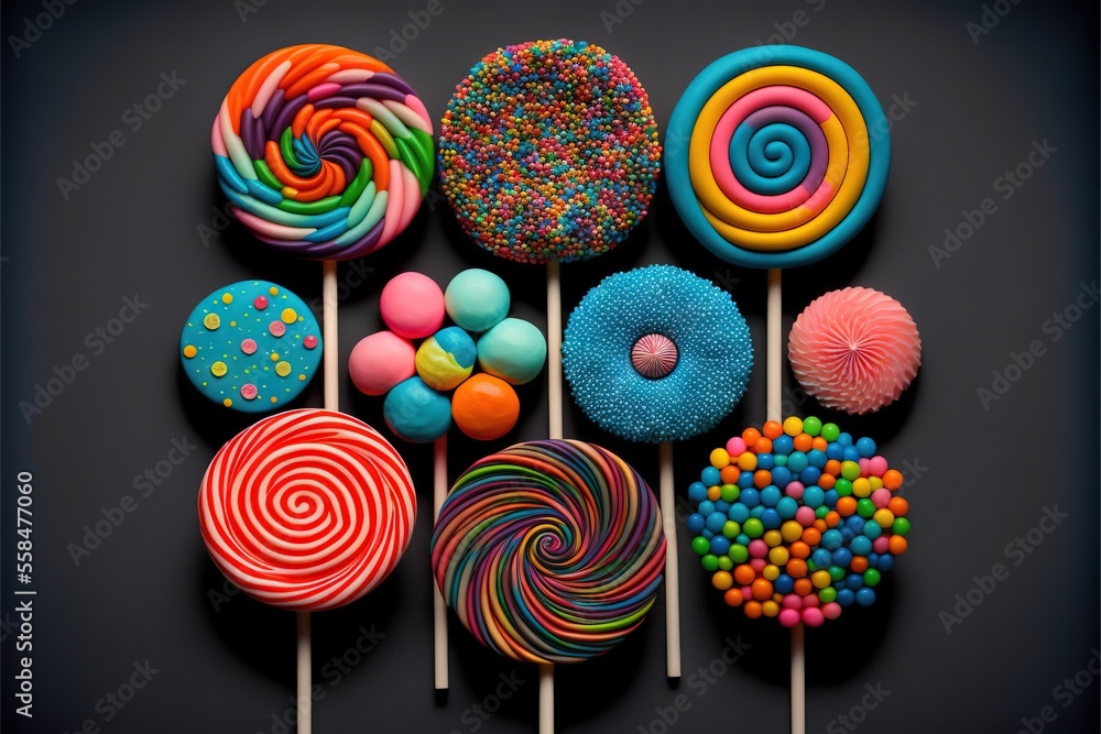 Poster a group of colorful lollipops on a black background with a black background and a black background w