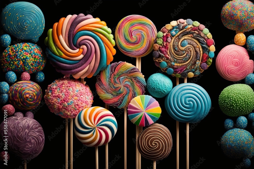 Aufkleber a group of lollipops sitting next to each other on top of sticks in front of a black background with