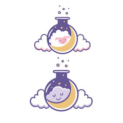 Sheep and cloud characters sleep in the test tube on the moon-hand drawn vector illustration with babycare theme
