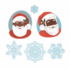 Santa's portraits and snowflakes. Hand drawn vector illustrations with Christmas theme
