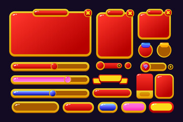 Set of game assets menu buttons popup screens and settings buttons red and yellow