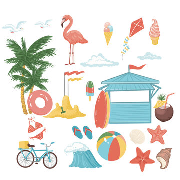 A set of Summer beach holiday icons. Hand drawn vector illustrations
