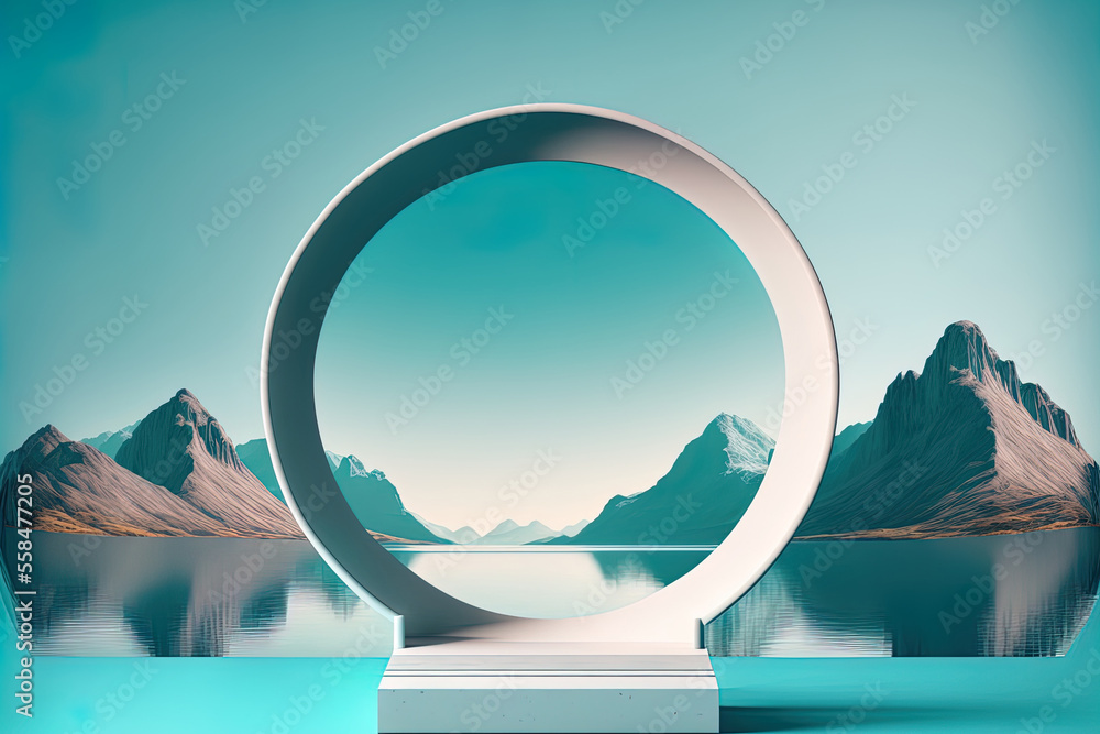 Poster platform in the shape of a circle with a glass wall, an arch, and mountains. banner for a simple pro