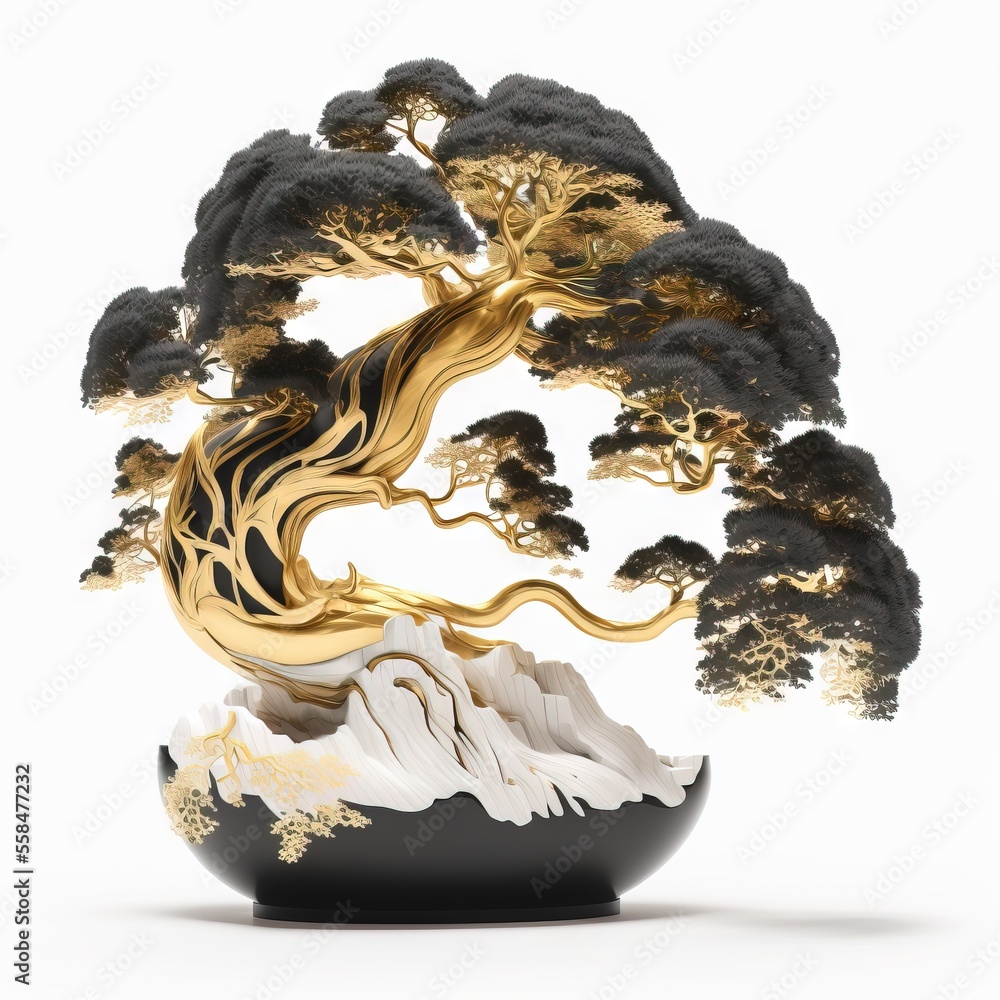 Poster a black and gold bonsai tree in a black bowl on a white background with a white background and a whi