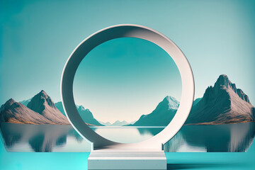 platform in the shape of a circle with a glass wall, an arch, and mountains. Banner for a simple product display. Mockup for a modern design promotion. a backdrop made of geometry and void. Generative