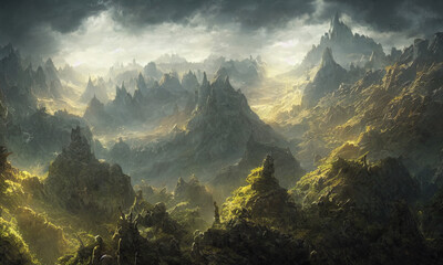 Fototapeta na wymiar fantasy rocky mountain scenery with cloudy sky