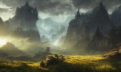 fantasy rocky mountain scenery with cloudy sky