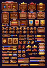 Game buttons of wooden and gold texture cartoon menu interface elements