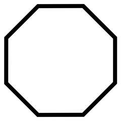Simple monochrome vector graphic of an octagon. An eight sided polygon having each side equal and all eight corners measuring an angle of one hundred and thirty five degrees