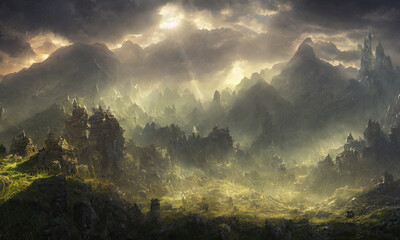 fantasy rocky mountain scenery with cloudy sky