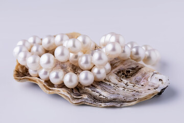 shell with pearls close-up in soft light colors