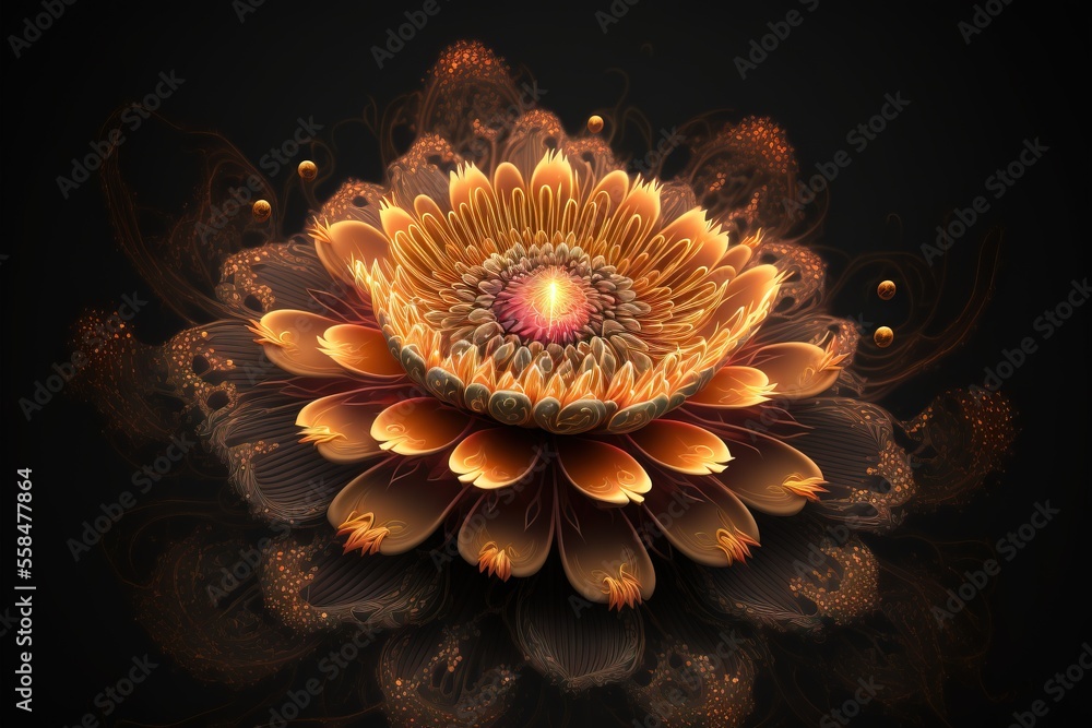 Poster a computer generated image of an orange flower on a black background with a red center surrounded by