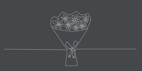 Fototapeta na wymiar Decoration continuous line hand drawing flowers bouquet for wedding photo book, invitations. Vector stock illustration minimalism design isolated on black background. Editable stroke single line. 
