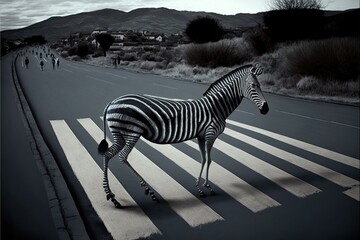 Crosswalk made of zebra with zebra on it, created with Generative AI technology