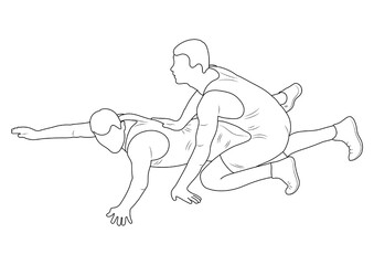 Fototapeta premium Silhouette outline athletes wrestlers in wrestling, duel, fight. Sketch line drawing greco roman, freestyle, classical wrestling.