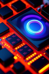 Obraz premium Close up of technology chip, mother board, macro, lights background