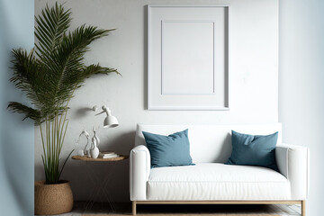 Coastal style mockup frame with wall as interior background ,. Generative AI