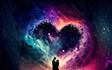 Fototapeta na wymiar Couple (man/woman) hugging in their cosmic love, their love is their universe, passion and romance in cosmic colors, illustration, generated art