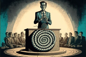 Politician on the podium with a hypnotic coil in hand, concept of propaganda and lying politicians, created with Generative AI technology - obrazy, fototapety, plakaty