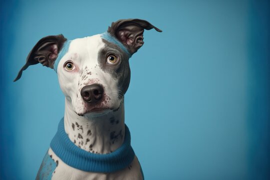 Portrait of funny dog on a blue background, created with Generative AI technology
