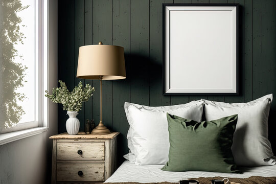 Mockup frame in a farmhouse style bedroom setting. Generative AI