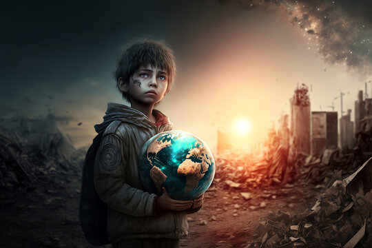 Renewed sense of hope for humanity. Young boy holds Earth globe while standing in post apocalyptic city ruins. Generative AI, this image is not based on any original image, character or person.