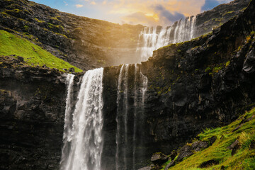 Beautiful view of a waterfall in the Faroe Islands