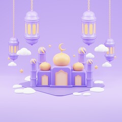 Fototapeta na wymiar islamic ramadan greeting background with cute 3d mosque and islamic crescent with purple color