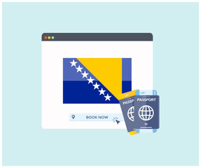 Online booking service on web browser site, trip, travel planning country Bosnia and Herzegovina national flag. Online reservation of plane tickets. Concept for website vector design and illustration.