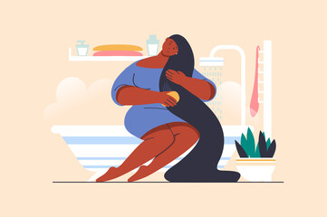 Hair care concept with people scene in flat design. Woman combing her long straight hair, doing daily care procedures and sitting in bathroom. Illustration with character situation for web